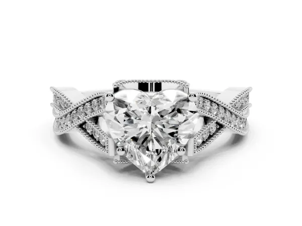 Heart Cut Cut Diamond Twisted Band with Milgrain Pave Setting and Four-Prong Setting White gold