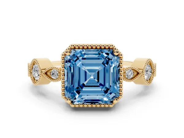 Fancy Blue Asscher Cut Diamond Vintage Milgrain Ring with Round Stations Yellow gold