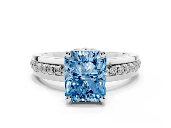 Fancy Blue Radiant Cut Solitaire Diamond Ring with Channel Set Band and Six-Prong Setting Platinum
