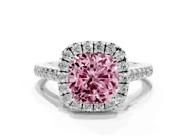 Fancy Pink Cushion Cut Halo Pave Diamond Engagement Ring with Four-Prong Setting Platinum