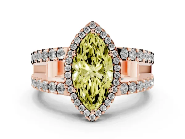 Fancy Yellow Marquise Cut Cut Halo Split Shank Diamond Ring with Four-Prong Setting Rose gold