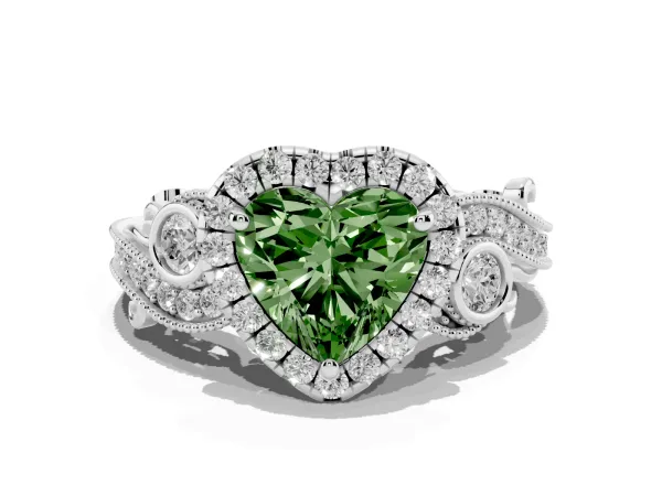 Fancy Green Heart Cut Diamond Halo Ring with Milgrain Pavé Band and Four-Prong Setting White gold