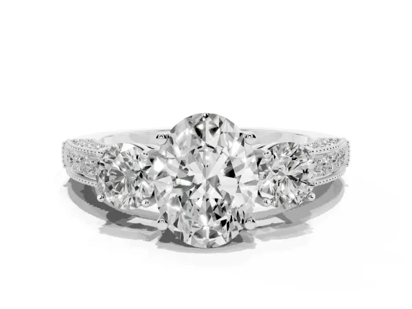 Oval Cut Three-Stone Diamond Ring with Pavé Band and Four-Prong Setting White gold