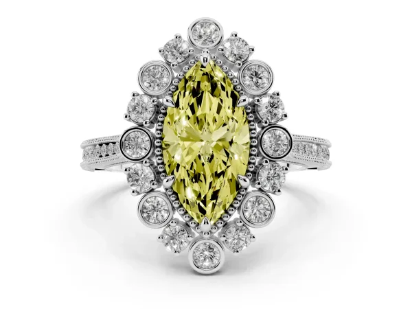 Fancy Yellow Marquise Cut Halo Milgrain Pave Diamond Ring with Four-Prong Setting Platinum