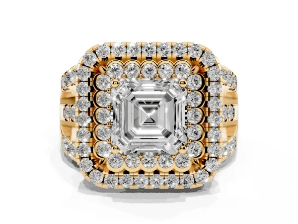 Asscher Cut Diamond Double Halo Ring with Round Pavé Split Shank and Prong Setting Yellow gold