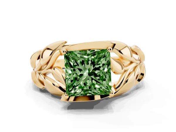 Fancy Green Princess Cut Diamond Leaf-Inspired Engagement Ring with Round Accents and Prong Setting Yellow gold