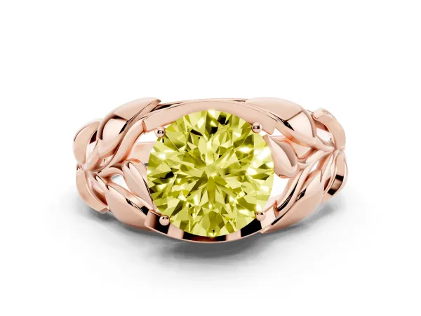Fancy Yellow Round Cut Diamond Leaf-Inspired Engagement Ring with Round Accents and Prong Setting Rose gold