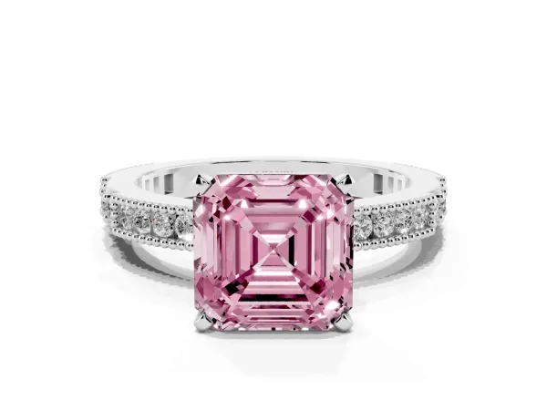 Fancy Pink Asscher Cut Solitaire with Pavé Band and Four-Prong Setting White gold