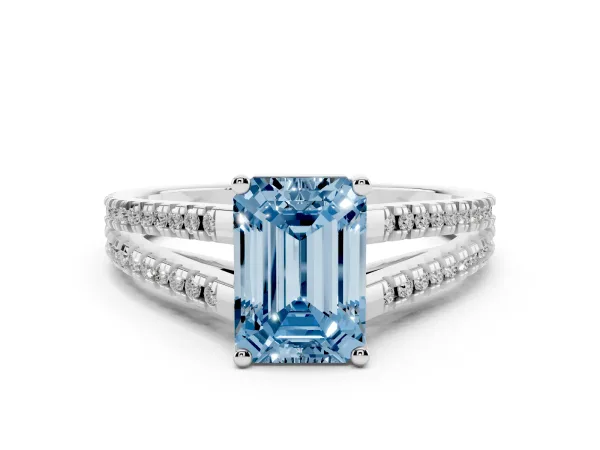 Fancy Blue Emerald Cut Diamond Solitaire Engagement Ring with Split Shank Pavé Band White gold