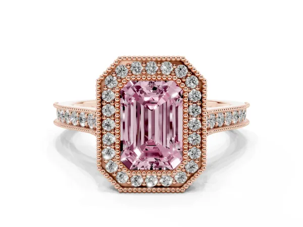 Fancy Pink Halo Emerald Cut-Cut Diamond Pave Band Milgrain Prong Setting Ring Rose gold