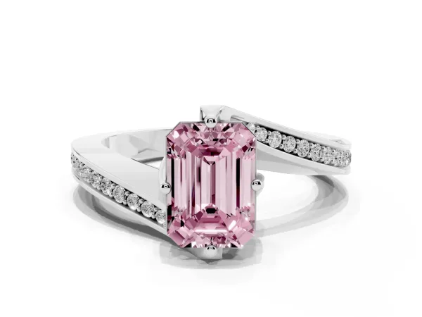 Fancy Pink Emerald Cut Solitaire Diamond Twist Band with Pavé Setting and Four-Prong Setting White gold