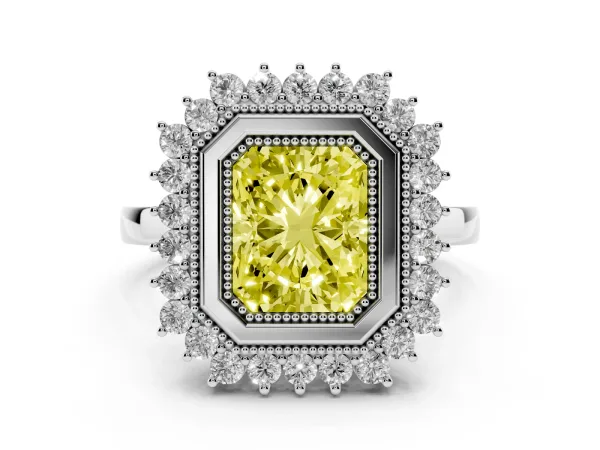 Fancy Yellow Radiant Cut Halo Diamond Ring with Milgrain Edge and Round Prong Setting White gold