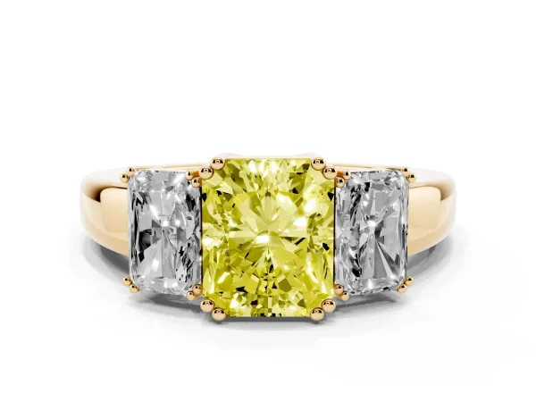 Fancy Yellow Three-Stone Radiant Cut Cut Diamond Ring with Channel Set Band and Four-Prong Setting Yellow gold