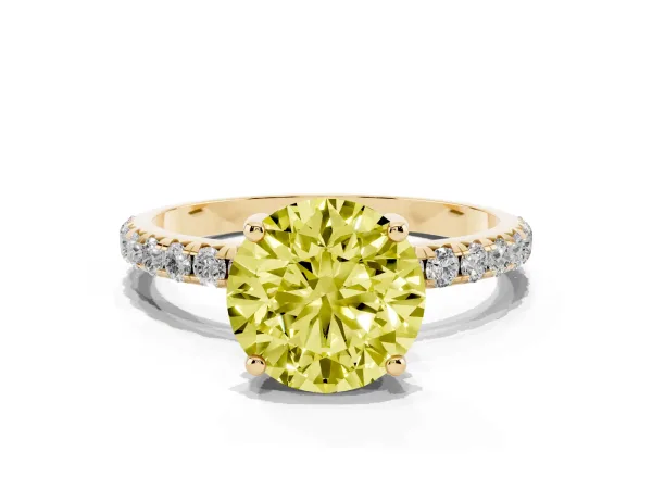 Fancy Yellow Round Cut Cut Diamond Solitaire Ring with Micro Pave Band and Four Prong Setting Yellow gold