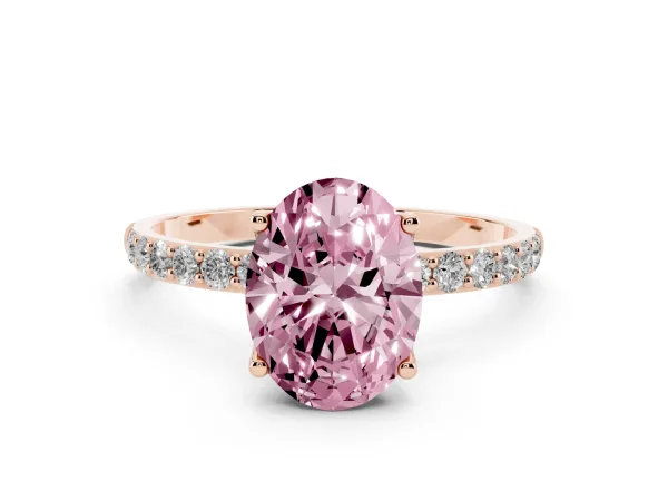 Fancy Pink Oval Cut Diamond Solitaire Engagement Ring with Round Pavé Band and Prong Setting Rose gold