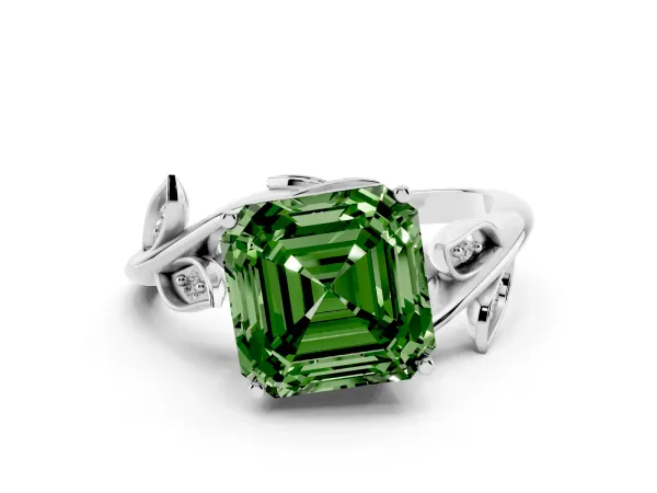 Fancy Green Asscher Cut Solitaire Twist Engagement Ring with Leaf Accents and Prong Setting White gold