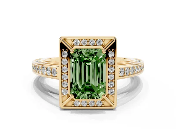 Fancy Green Emerald Cut Cut Halo Pave Split Shank Prong Setting Ring Yellow gold