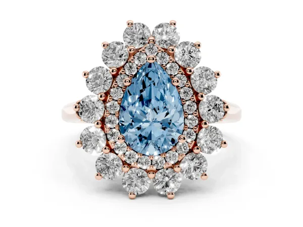 Fancy Blue Pear Cut Diamond Floral Double Halo Engagement Ring with Prong Setting Rose gold