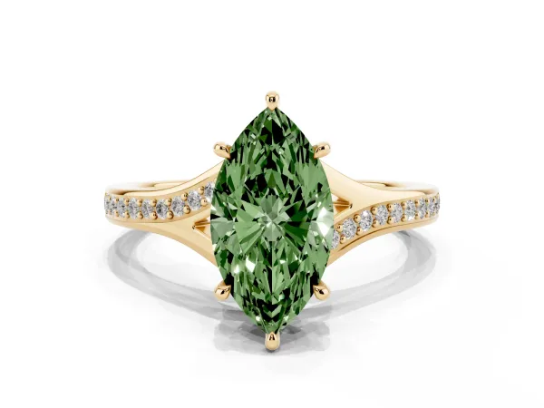 Fancy Green Marquise Cut Diamond Solitaire Ring with Pavé Band and Prong Setting Yellow gold
