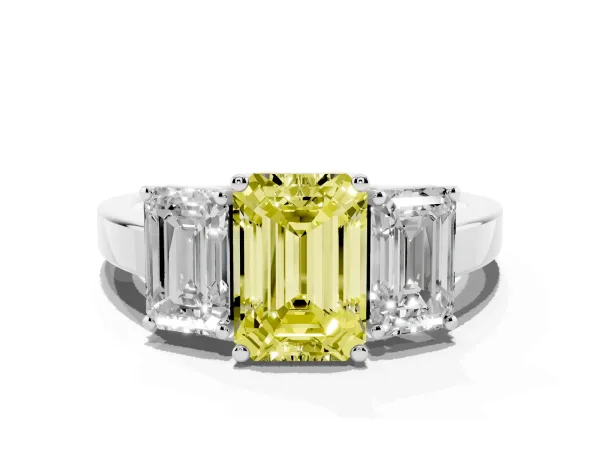 Fancy Yellow Three-Stone Emerald Cut Cut Diamond Engagement Ring with Flat Band and Four-Prong Setting Platinum