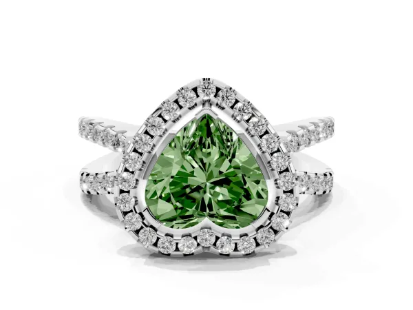 Fancy Green Heart Cut Diamond Halo Ring with Split Shank Pavé Band and Prong Setting Platinum