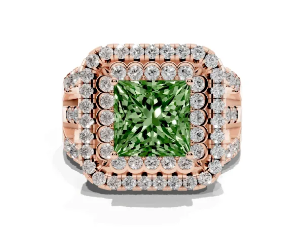 Fancy Green Princess Cut Diamond Double Halo Ring with Round Pavé Split Shank and Prong Setting Rose gold