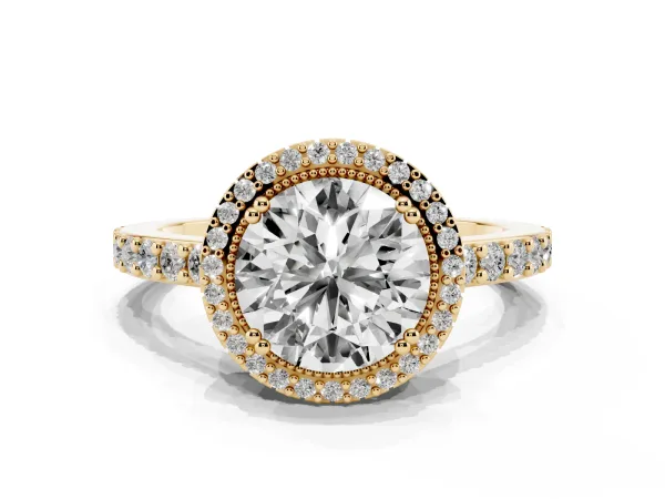 Round Cut Cut Diamond Halo Engagement Ring with Milgrain Detail and Pavé Band Yellow gold