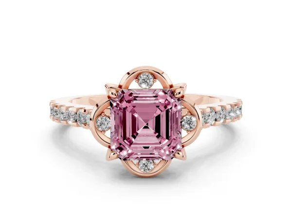 Fancy Pink Asscher Cut Diamond Ring with Pavé Band and Floral Prong Setting Rose gold