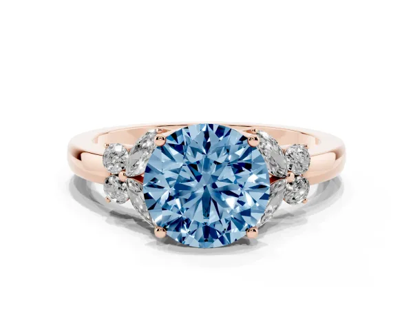 Fancy Blue Round Cut Cut Solitaire Floral Diamond Ring with Four-Prong Setting Rose gold