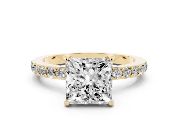 Princess Cut Diamond Solitaire Engagement Ring with Pavé Band and Four-Prong Setting Yellow gold