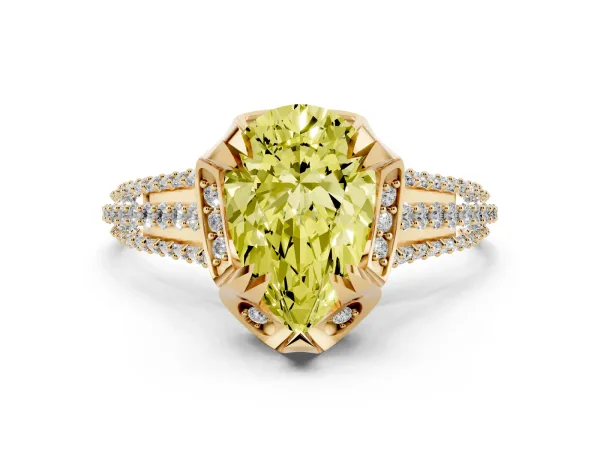 Fancy Yellow Pear Cut Solitaire Pave Split Shank Ring with Four-Prong Setting Yellow gold