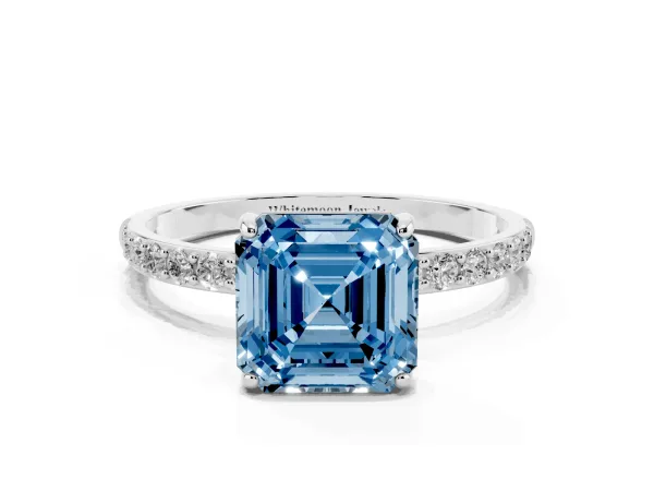 Fancy Blue Asscher Cut Diamond Solitaire Ring with Round Pavé Shoulders and Prong Setting White gold