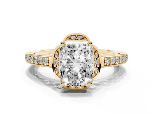 Radiant Cut Cut Halo Diamond Ring with Channel Set Band and Four-Prong Setting Yellow gold