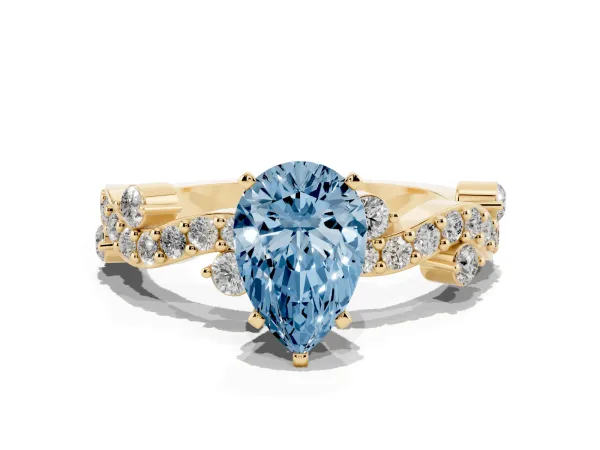 Fancy Blue Pear Cut Cut Solitaire Diamond Twisted Band with Pave Setting Yellow gold