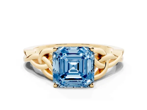 Fancy Blue Asscher Cut Diamond Solitaire Engagement Ring with Celtic Knot Band and Four-Prong Setting Yellow gold