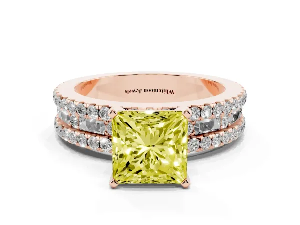 Fancy Yellow Princess Cut Diamond Solitaire Ring with Pavé and Channel Set Band Rose gold