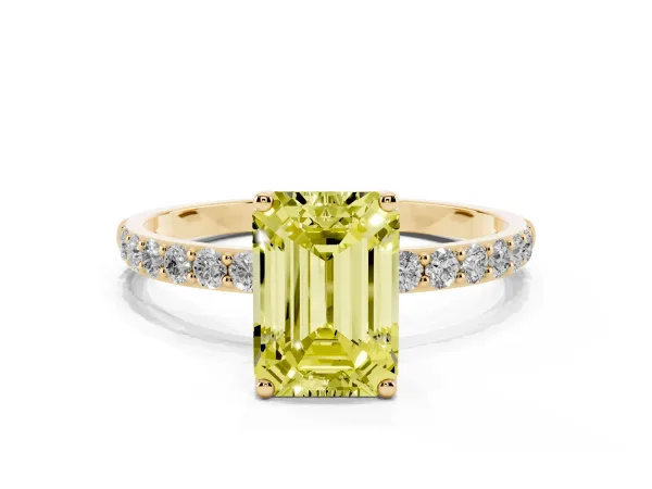 Fancy Yellow Emerald Cut Diamond Solitaire Engagement Ring with Round Pavé Band and Prong Setting Yellow gold