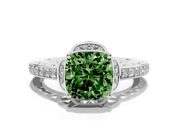 Fancy Green Cushion Cut Cut Halo Diamond Ring with Channel Set Band and Four-Prong Setting Platinum