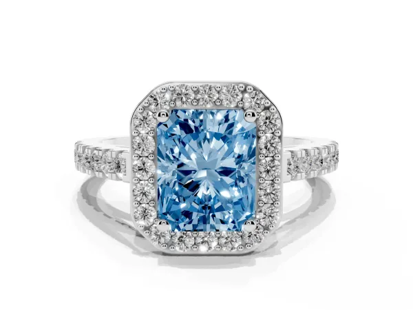 Fancy Blue Radiant Cut Diamond Halo Ring with Round Pavé Split Shank and Prong Setting Platinum