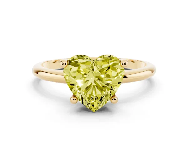 Fancy Yellow Heart Cut Solitaire Diamond Ring with 4-Prong Setting on a Classic Band Yellow gold