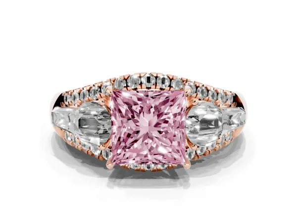Fancy Pink Three-Stone Princess Cut Diamond Engagement Ring with Pave Band and Prong Setting Rose gold