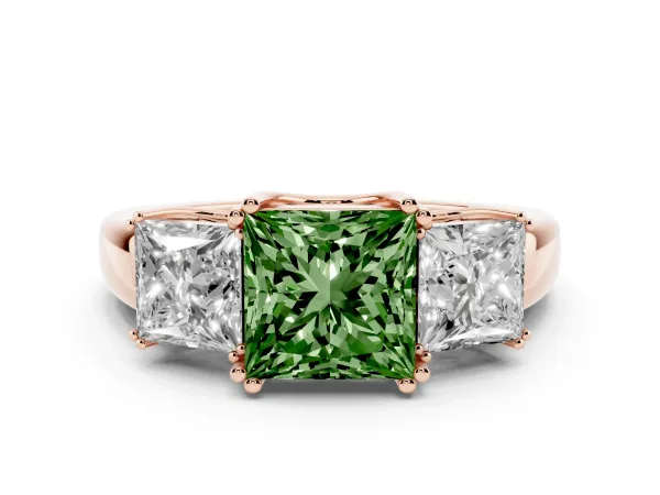 Fancy Green Three-Stone Princess Cut Cut Diamond Ring with Channel Set Band and Four-Prong Setting Rose gold
