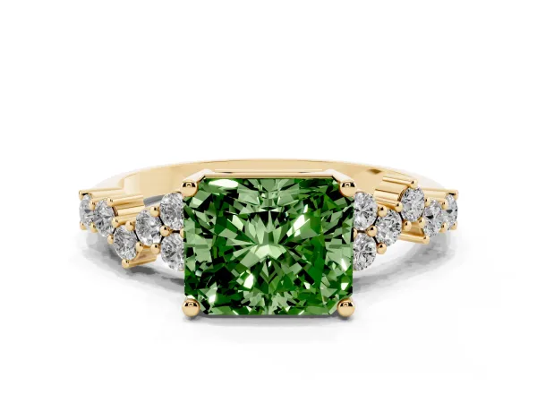 Fancy Green Radiant Cut Diamond Scattered Round Accent Ring with Prong Setting Yellow gold