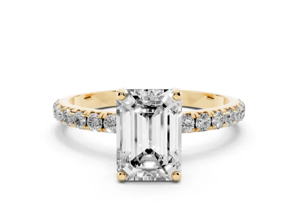 Emerald Cut Cut Diamond Solitaire Ring with Micro Pave Band and Four Prong Setting Yellow gold