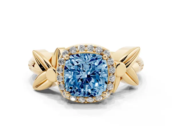 Fancy Blue Cushion Cut Halo Diamond Floral Band with Four-Prong Setting Yellow gold
