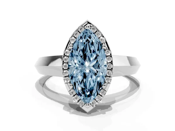 Fancy Blue Marquise Cut Halo Diamond Ring with Cathedral Band and Four-Prong Setting Platinum