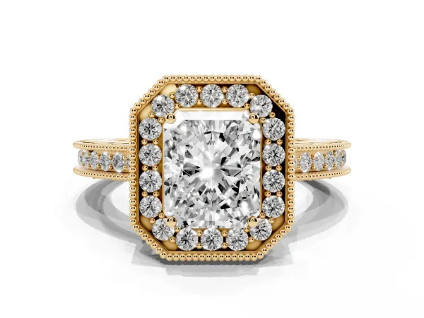 Radiant Cut Diamond Milgrain Halo Engagement Ring with Round Pavé Band and Prong Setting Yellow gold
