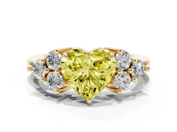 Fancy Yellow Heart Cut Brilliant Diamond Cluster Accent Solitaire Ring with Prong Setting Yellow gold