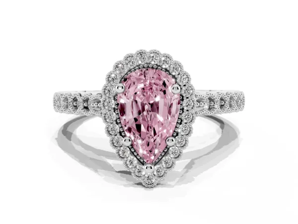 Fancy Pink Pear Cut Cut Halo Pavé Solitaire Ring with Milgrain Band White gold
