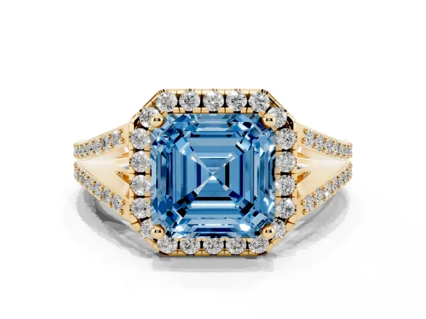 Fancy Blue Asscher Cut Halo Split Shank Diamond Ring with Prong Setting Yellow gold